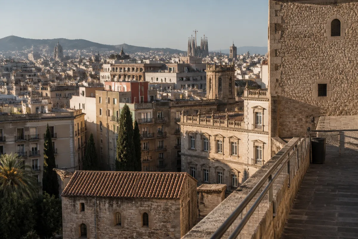Tejados y calles de piedra de Barcelona al atardecer, zonas de servicio del cerrajero.