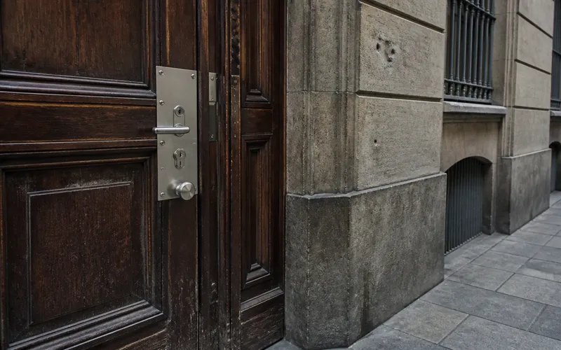 Puerta de calle reforzada con placa de acero en una finca de Barcelona.