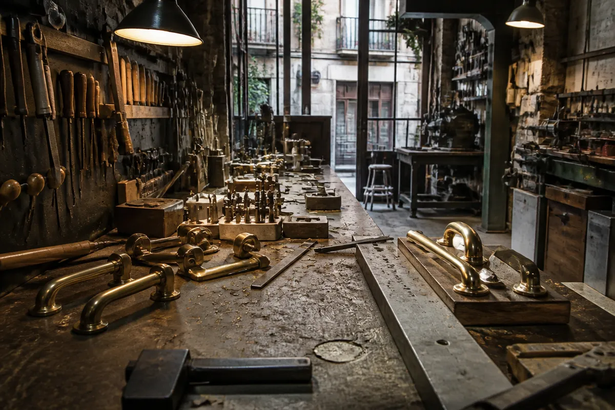Interior de cerrajería en Barcelona: banco de trabajo, manillas y herramientas.