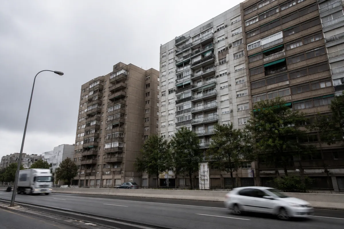 Portalada de bloques junto a una vía ancha periurbana, hormigón y balcones, cielo cubierto, sin rostros.