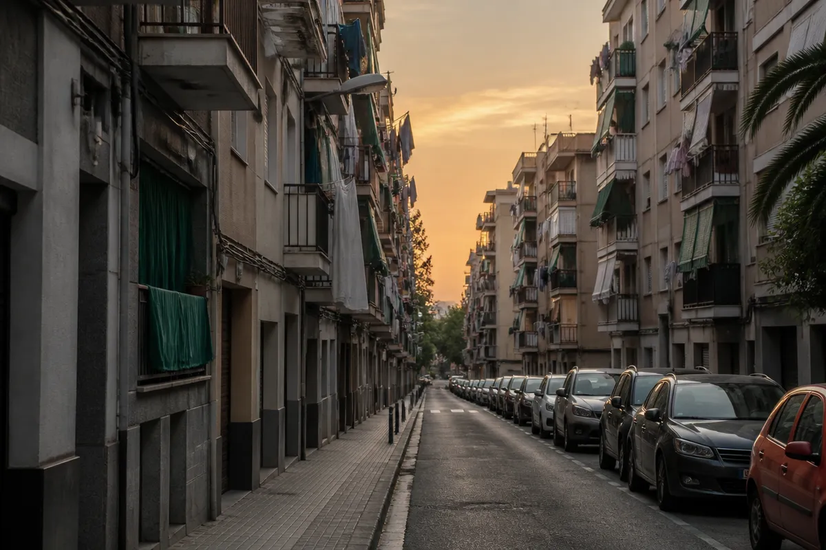 Bloques de pisos con balcones y tendederos en una calle densa del Barcelonès, al atardecer, sin personas en primer plano.