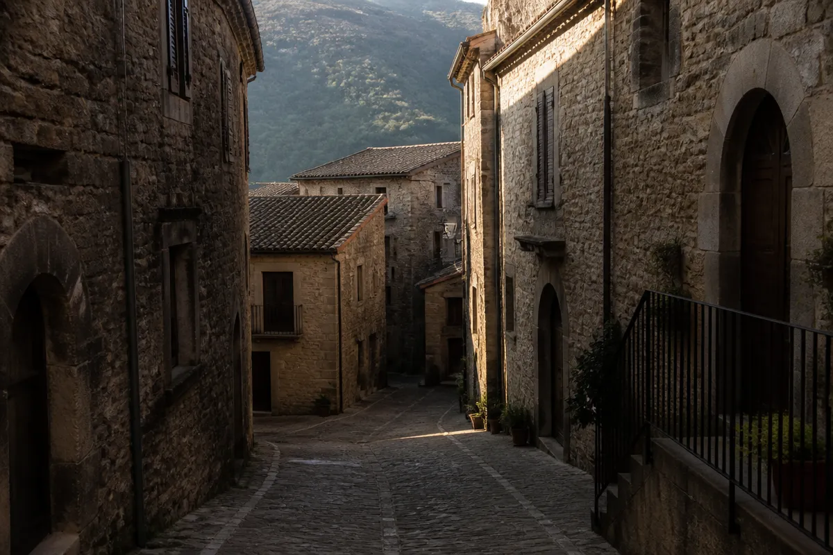 Calle empedrada de ciudad interior con piedra y tejados, ladera al fondo, luz de final de tarde, sin personas.