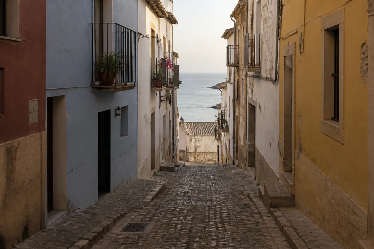 Casco antiguo mediterráneo con fachadas pintadas y un recorte de mar al fondo, calle vacía, sin texto comercial.