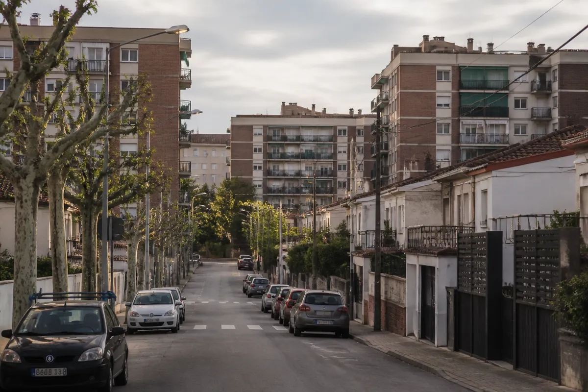 Mezcla de bloques medianos y una calle residencial más baja, pueblo del Vallès en luz suave, sin rótulos.