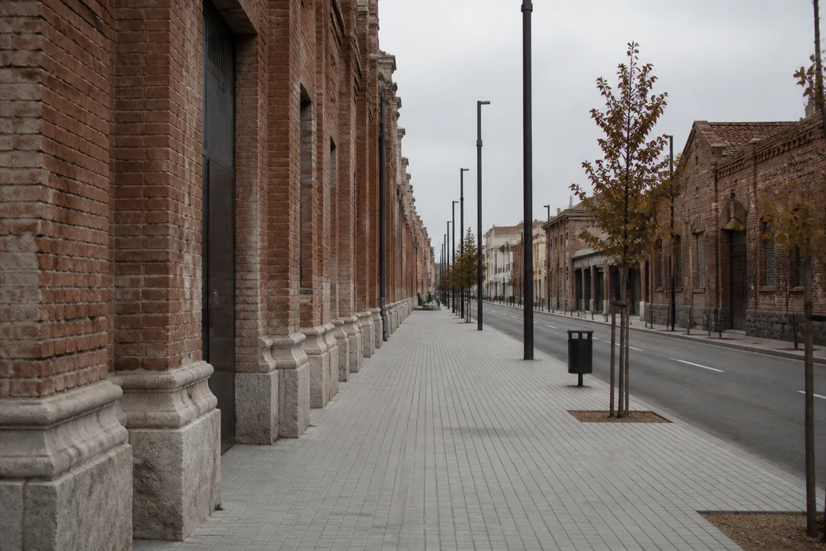 Avenida de ciudad textil con fachadas de ladrillo y acera ancha, mediodía nublado, sin escaparates legibles.