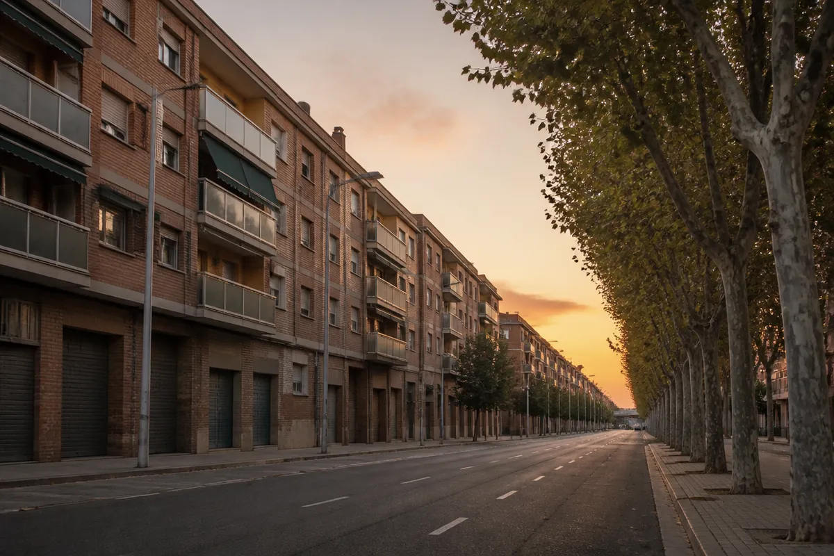 Bloques residenciales de llanura fluvial y una calle ancha con plátanos, atardecer, sin gente ni marcas.