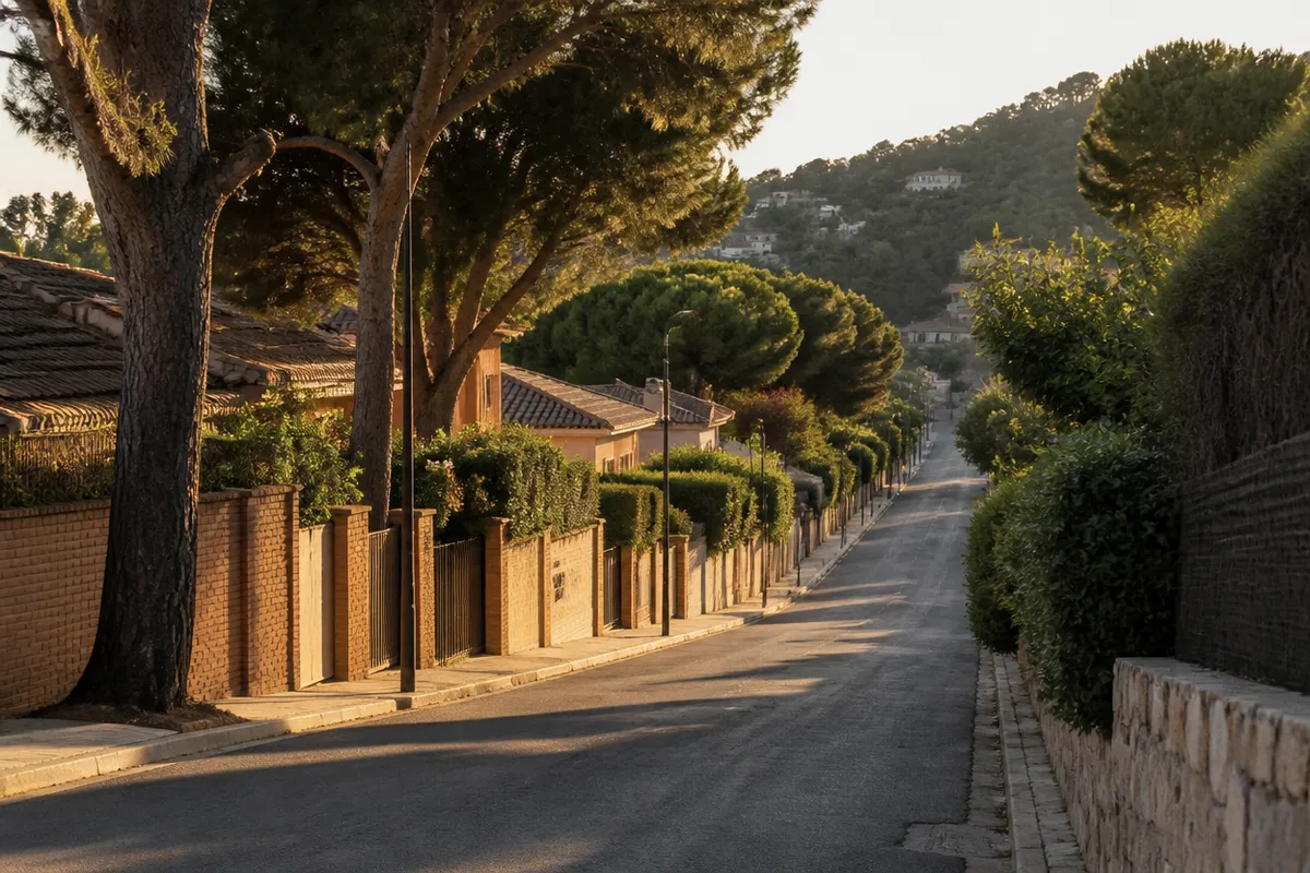 Calle arbolada de casas bajas y jardines, urbanización tranquila al final de la tarde, sin personas ni carteles.
