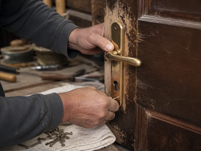 Manos sustituyendo la manilla y el herraje de una puerta de madera a domicilio.