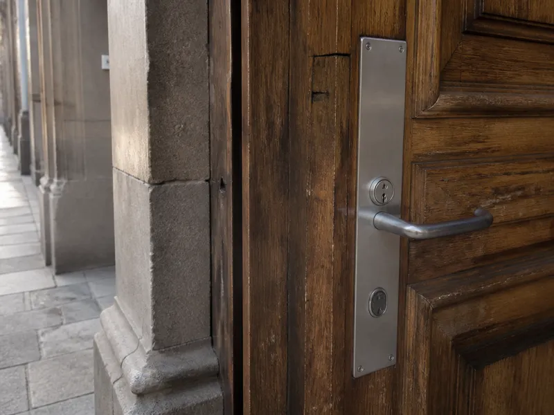 Puerta de finca con contraplacas de acero, instalación de cerradura de seguridad.