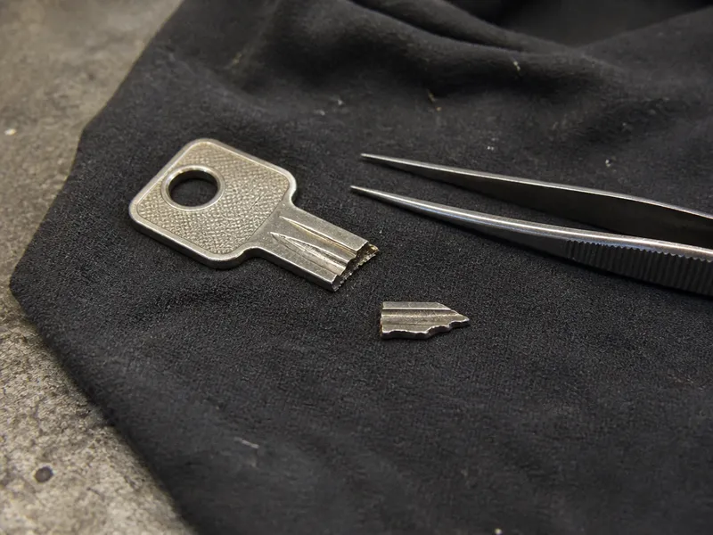 Llave partida sobre un paño oscuro, extracción de llave rota en cerrajería.