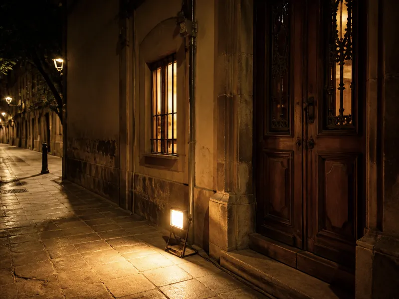Callejón de Barcelona de noche con luz de trabajo junto a la puerta, cerrajero 24 h.