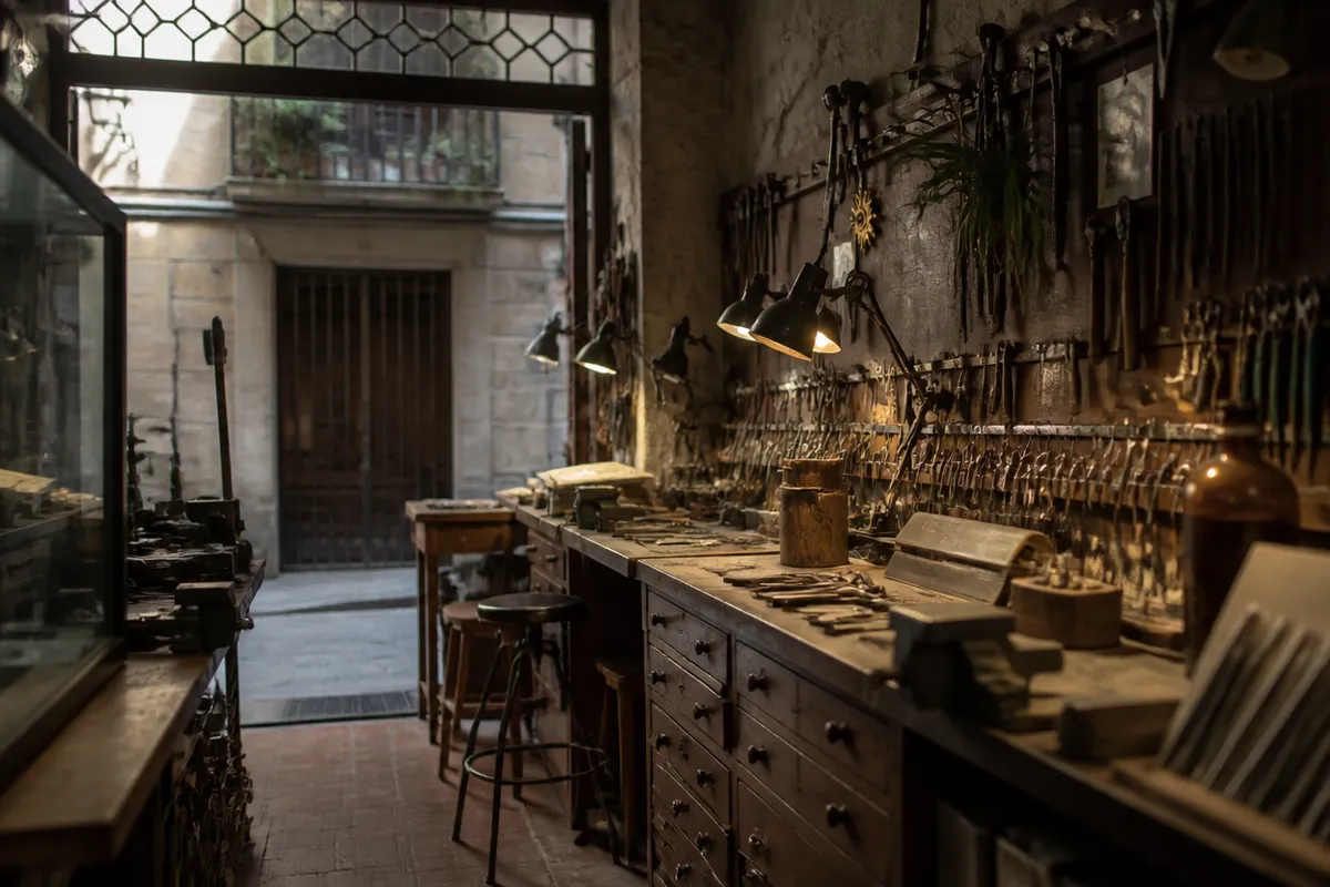 Calle estrecha de Ciutat Vella con herramientas de cerrajería y luz de calle.